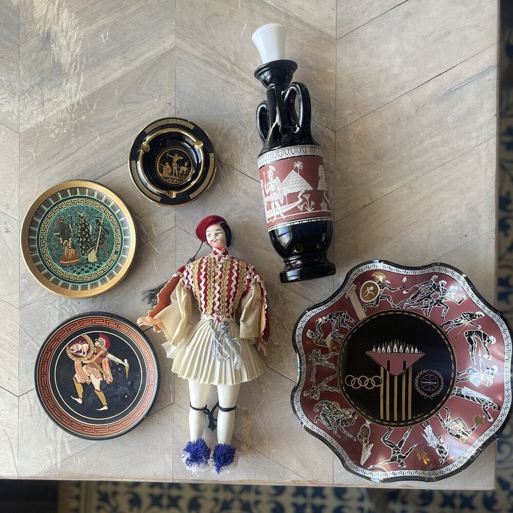 Group of Six Made in Greece Souvenirs - Greek Soldier Doll, Wine bottle etc.